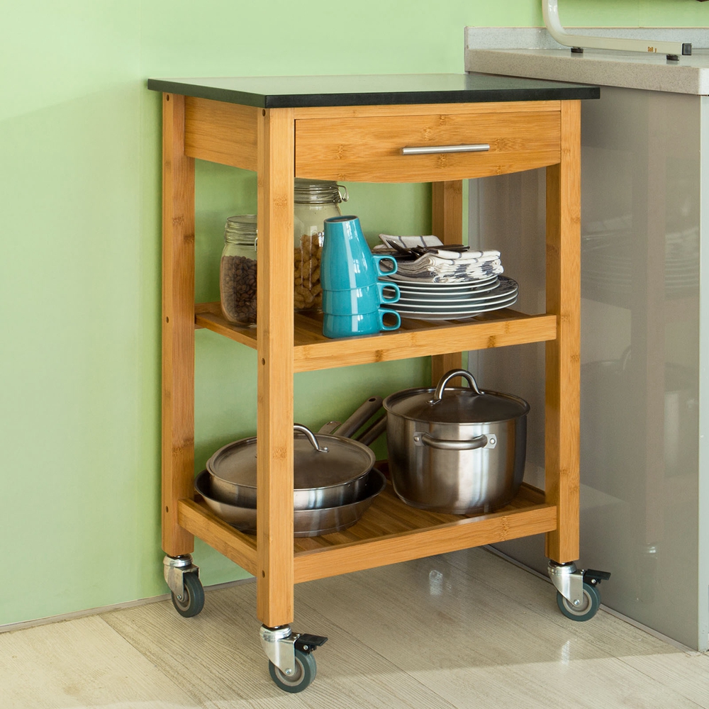 SoBuy Bamboo kitchen Trolley Cart with Black Granite Worktop, FKW28SCH