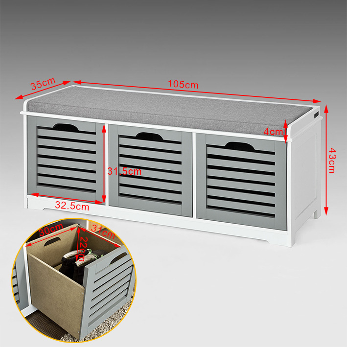 SoBuy Banco de Almacenamiento con cojín y 3 cubos Zapatero de entrada